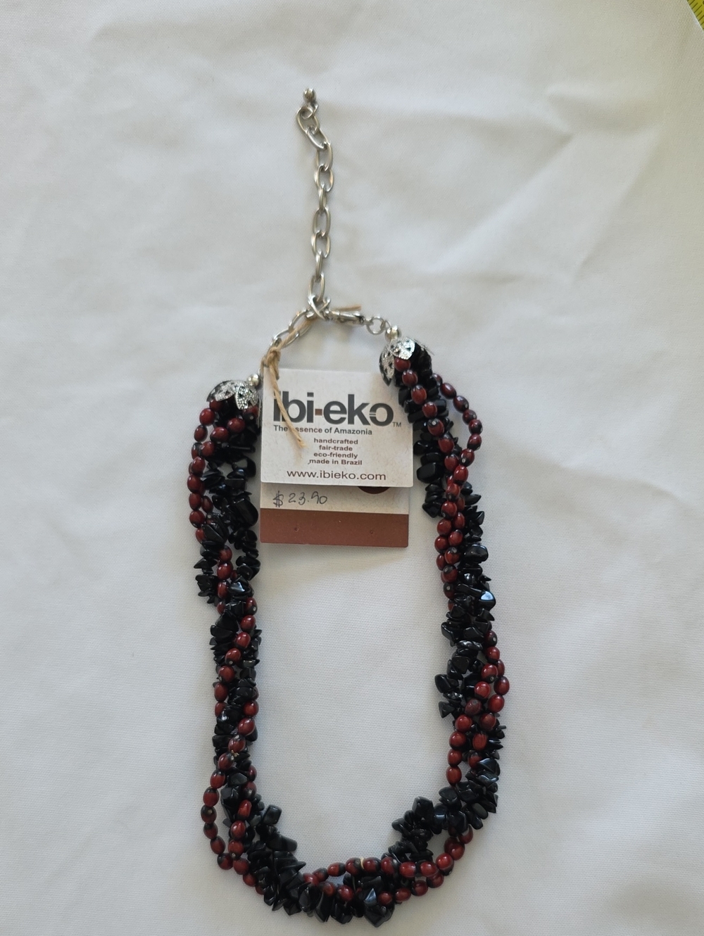 Handcrafted Red and Black Beaded Twist Necklace Made In Brazil Fair Trade New